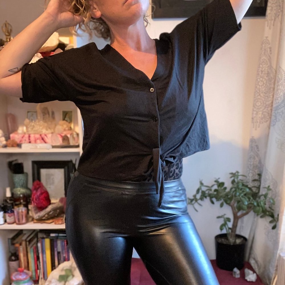 Black Button Down Crop Top with Tie